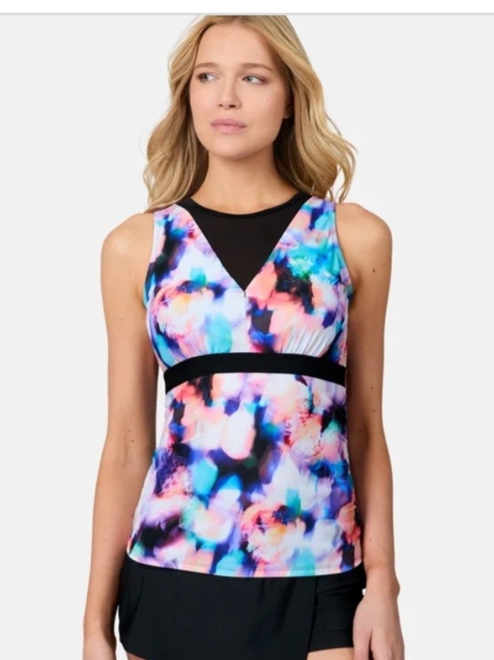 Free Country Multicolor Floral-Print Swim Tank with Black Mesh